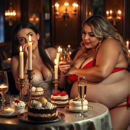 In a dimly lit, intimate restaurant, two beautiful young women are playfully fondling each other at a candlelit table adorned with a lavish selection of cakes, desserts, and sparkling champagne