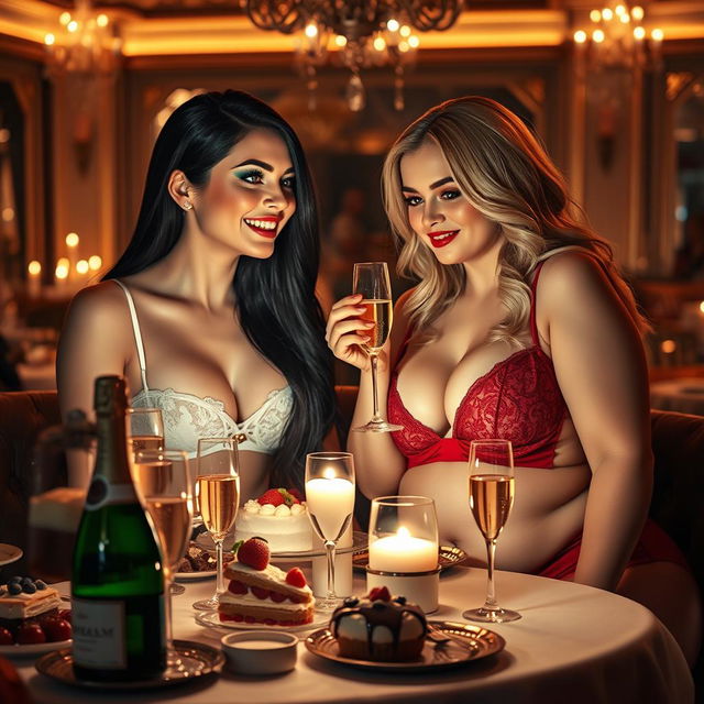 In a dimly lit, intimate restaurant, two beautiful young women are playfully fondling each other at a candlelit table adorned with a lavish selection of cakes, desserts, and sparkling champagne