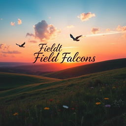 A stunning landscape featuring a clear blue sky with fluffy white clouds, a vibrant sunset in the background casting an orange and pink glow across the horizon