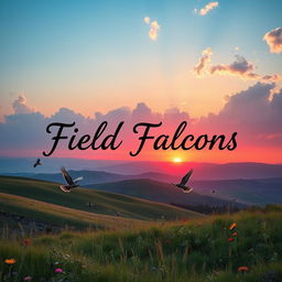 A stunning landscape featuring a clear blue sky with fluffy white clouds, a vibrant sunset in the background casting an orange and pink glow across the horizon