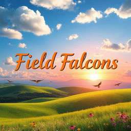 A stunning landscape featuring a clear blue sky with fluffy white clouds, a vibrant sunset in the background casting an orange and pink glow across the horizon