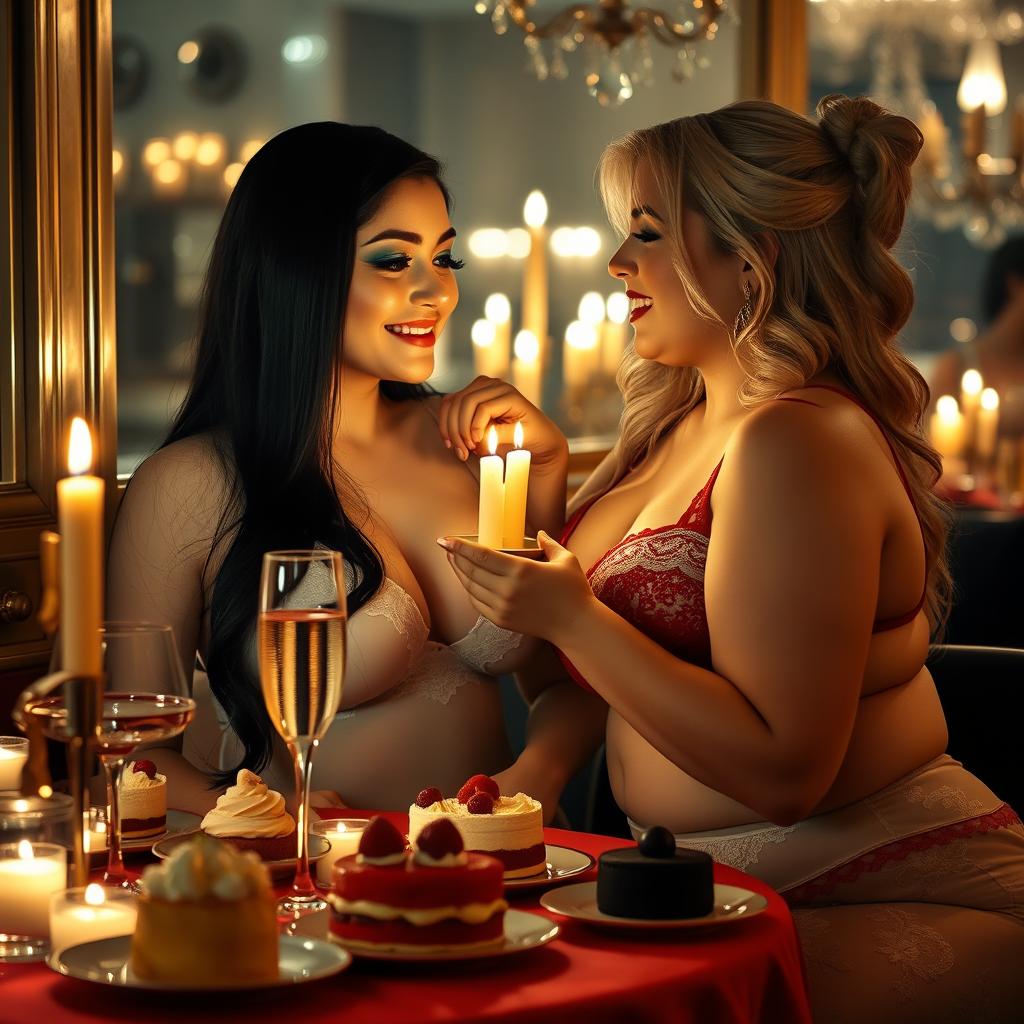 In a dimly lit, intimate restaurant, two beautiful young women are fondling each other at a candlelit table beautifully set with an array of cakes, tempting desserts, and sparkling champagne