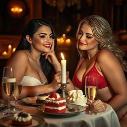 In a dimly lit, intimate restaurant, two beautiful young women are fondling each other at a candlelit table beautifully set with an array of cakes, tempting desserts, and sparkling champagne