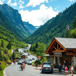 A vibrant mountainous tourist area bustling with activity, filled with people enjoying the scenery
