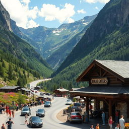 A vibrant mountainous tourist area bustling with activity, filled with people enjoying the scenery