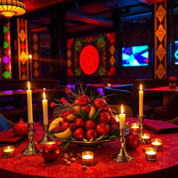 A beautifully styled table set for Yalda night in a vibrant nightclub setting, featuring rich, warm colors like deep reds, golds, and greens