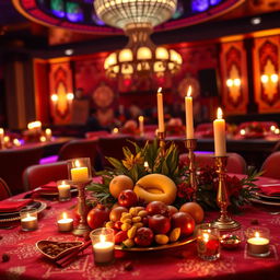 A beautifully styled table set for Yalda night in a vibrant nightclub setting, featuring rich, warm colors like deep reds, golds, and greens