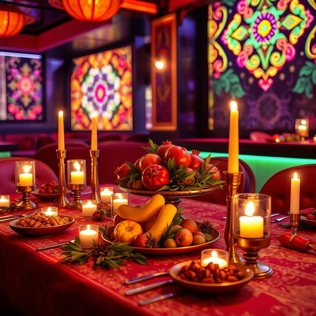 A beautifully styled table set for Yalda night in a vibrant nightclub setting, featuring rich, warm colors like deep reds, golds, and greens