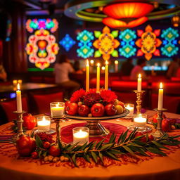 A beautifully styled table set for Yalda night in a vibrant nightclub setting, featuring rich, warm colors like deep reds, golds, and greens