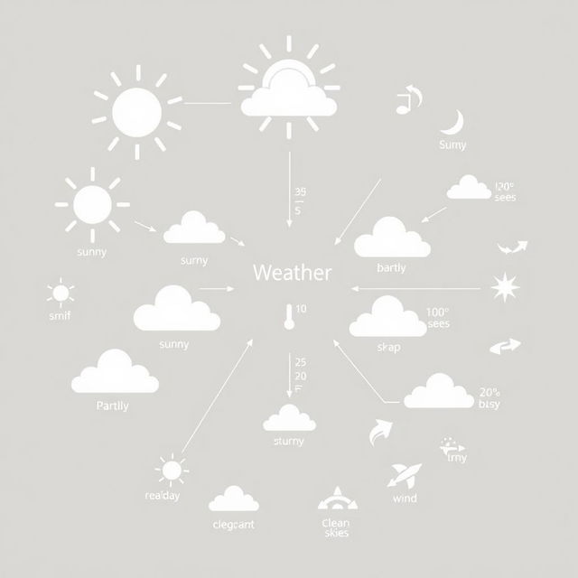 A detailed and informative weather diagram representing a warm area, featuring clear white and black elements