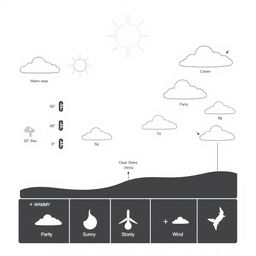 A detailed and informative weather diagram representing a warm area, featuring clear white and black elements