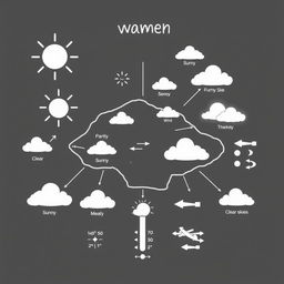 A detailed and informative weather diagram representing a warm area, featuring clear white and black elements
