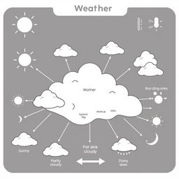 A detailed and informative weather diagram representing a warm area, featuring clear white and black elements
