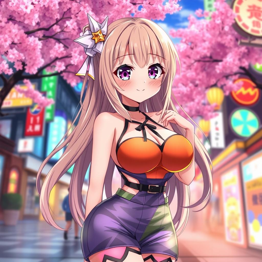 A captivating anime girl with large breasts, wearing a stylish and colorful outfit that highlights her figure, standing in a vibrant cityscape