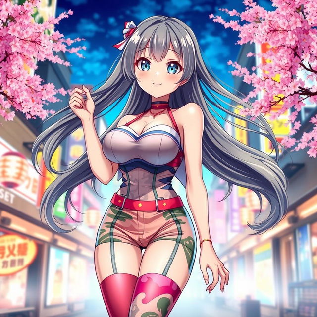 A captivating anime girl with large breasts, wearing a stylish and colorful outfit that highlights her figure, standing in a vibrant cityscape