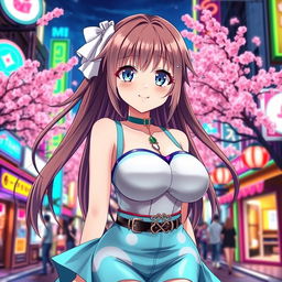 A captivating anime girl with large breasts, wearing a stylish and colorful outfit that highlights her figure, standing in a vibrant cityscape