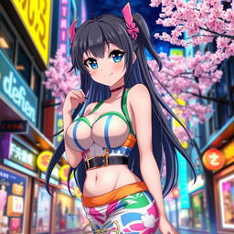 A captivating anime girl with large breasts, wearing a stylish and colorful outfit that highlights her figure, standing in a vibrant cityscape