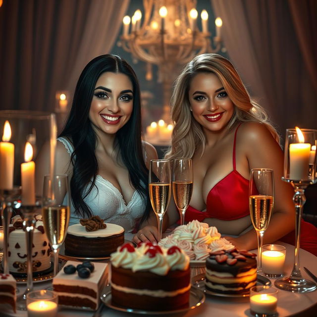 In a dimly lit, romantic restaurant, two beautiful young women are affectionately fondling each other at a candlelit table, overflowing with an enticing array of cakes, decadent desserts, and sparkling champagne