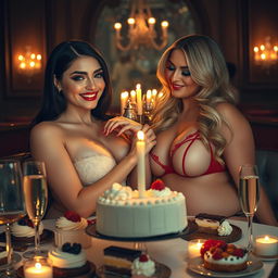 In a dimly lit, romantic restaurant, two beautiful young women are affectionately fondling each other at a candlelit table, overflowing with an enticing array of cakes, decadent desserts, and sparkling champagne