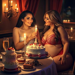 In a dimly lit, romantic restaurant, two beautiful young women are affectionately fondling each other at a candlelit table, overflowing with an enticing array of cakes, decadent desserts, and sparkling champagne