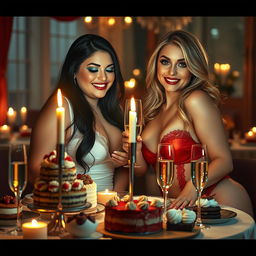 In a dimly lit, romantic restaurant, two beautiful young women are affectionately fondling each other at a candlelit table, overflowing with an enticing array of cakes, decadent desserts, and sparkling champagne