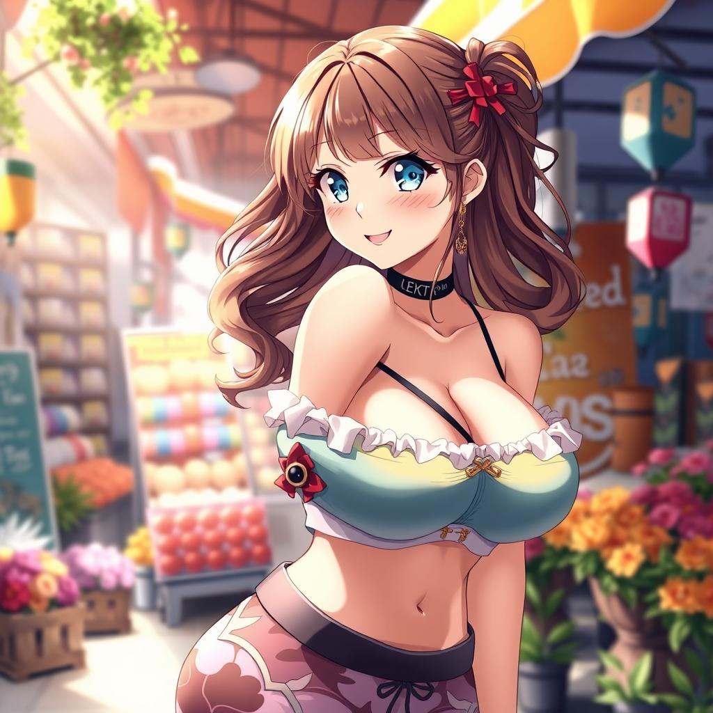 A stunning anime girl with a voluptuous body, showcasing her soft curves in a fashionable and colorful outfit that beautifully complements her figure