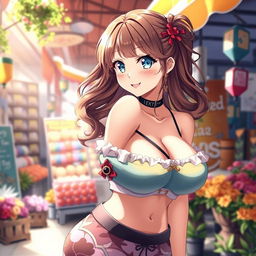 A stunning anime girl with a voluptuous body, showcasing her soft curves in a fashionable and colorful outfit that beautifully complements her figure