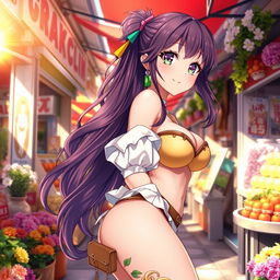 A stunning anime girl with a voluptuous body, showcasing her soft curves in a fashionable and colorful outfit that beautifully complements her figure
