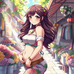 A stunning anime girl with a voluptuous body, showcasing her soft curves in a fashionable and colorful outfit that beautifully complements her figure