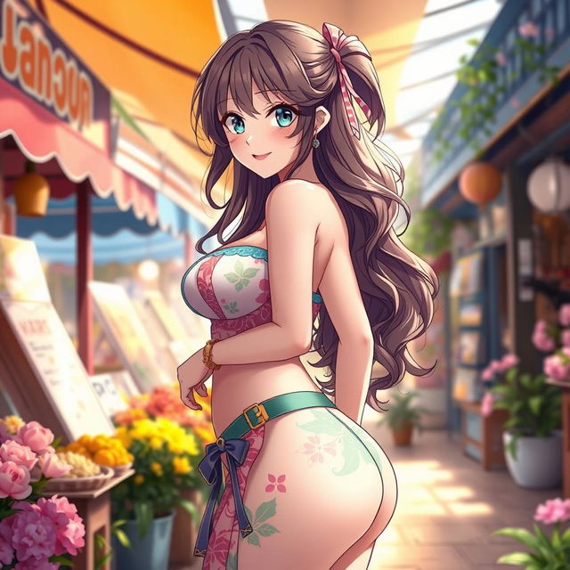 A stunning anime girl with a voluptuous body, showcasing her soft curves in a fashionable and colorful outfit that beautifully complements her figure