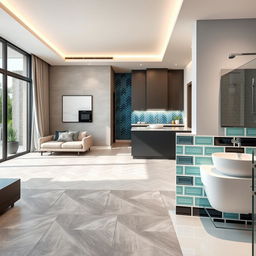 A beautifully designed modern house interior showcasing various tile options