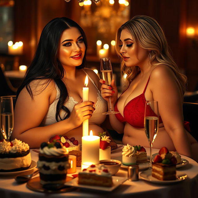 In a dimly lit, romantic restaurant, two beautiful young women are affectionately fondling each other at a candlelit table filled with an assortment of delectable cakes, rich desserts, and sparkling champagne