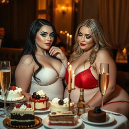 In a dimly lit, romantic restaurant, two beautiful young women are affectionately fondling each other at a candlelit table filled with an assortment of delectable cakes, rich desserts, and sparkling champagne