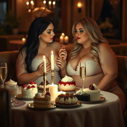 In a dimly lit, romantic restaurant, two beautiful young women are affectionately fondling each other at a candlelit table filled with an assortment of delectable cakes, rich desserts, and sparkling champagne