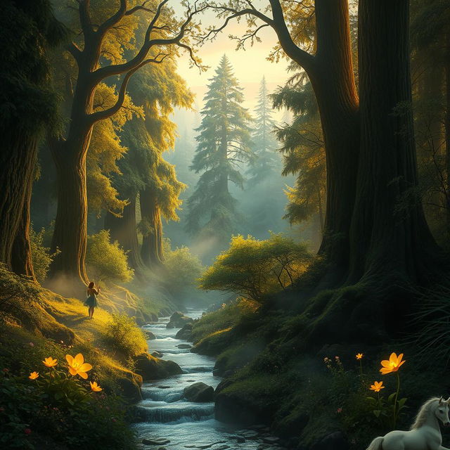 A mystical magical forest bathed in a soft golden light, filled with towering ancient trees and vibrant green foliage