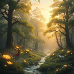 A mystical magical forest bathed in a soft golden light, filled with towering ancient trees and vibrant green foliage
