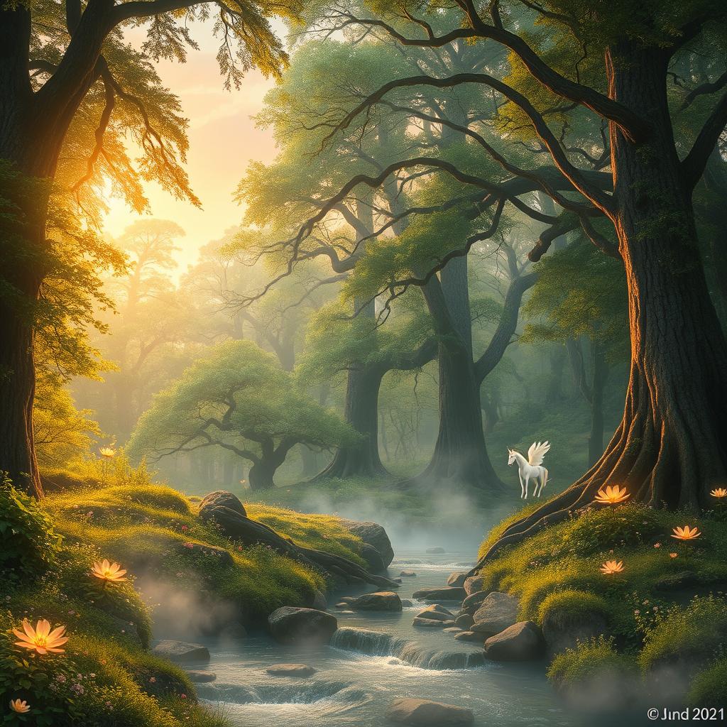 A mystical magical forest bathed in a soft golden light, filled with towering ancient trees and vibrant green foliage
