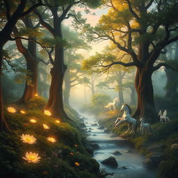 A mystical magical forest bathed in a soft golden light, filled with towering ancient trees and vibrant green foliage
