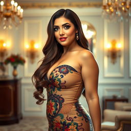 A luxurious portrait of a voluptuous woman exuding confidence and allure, with luscious long hair cascading down her shoulders