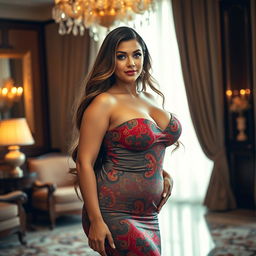 A luxurious portrait of a voluptuous woman exuding confidence and allure, with luscious long hair cascading down her shoulders