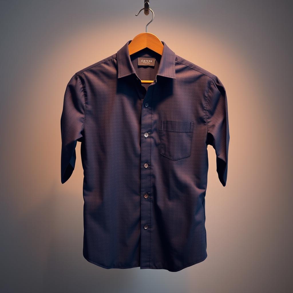 A stylishly designed shirt with a neat and crisp appearance, featuring a button-up front, a polished collar, and pristine fabric