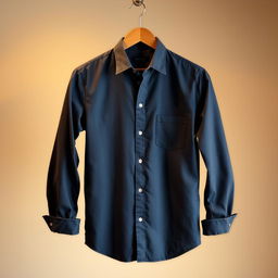 A stylishly designed shirt with a neat and crisp appearance, featuring a button-up front, a polished collar, and pristine fabric