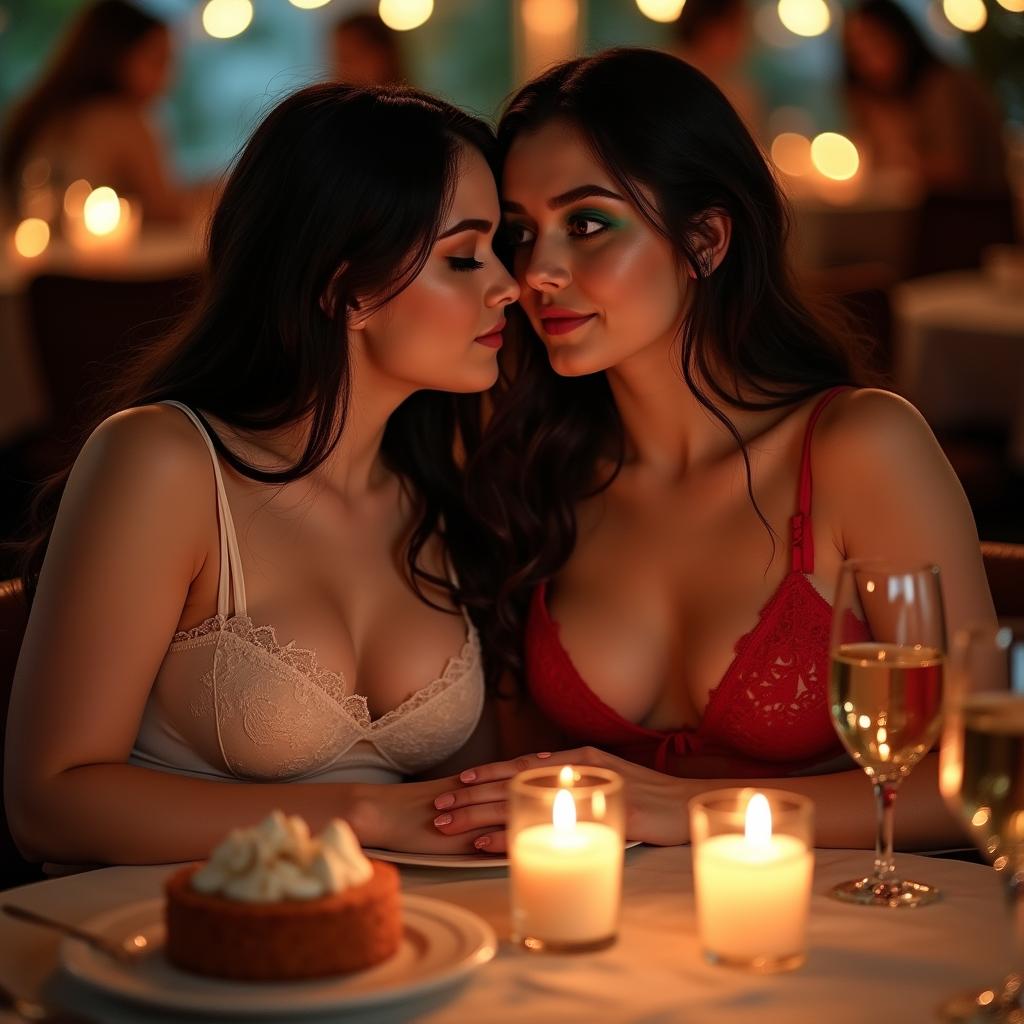 In a dimly lit, romantic restaurant, two beautiful young women are affectionately fondling each other at a candlelit table adorned with an enticing variety of cakes, rich desserts, and sparkling champagne