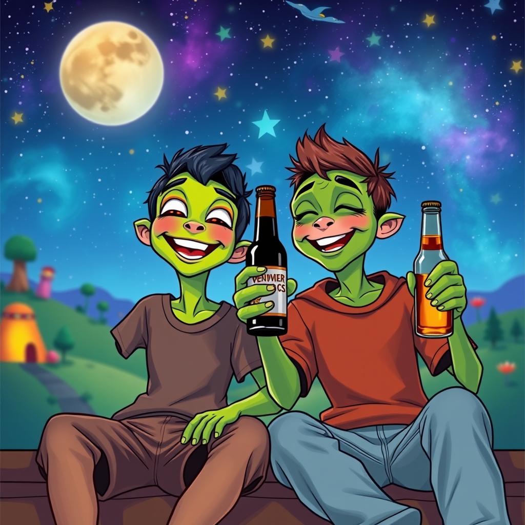 A cheerful scene featuring a single boy and a friendly alien sitting next to each other, both laughing and raising bottles of beer in a toast