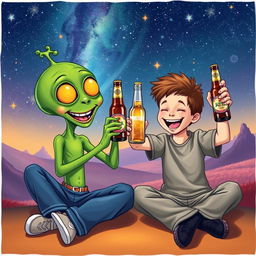A cheerful scene featuring a single boy and a friendly alien sitting next to each other, both laughing and raising bottles of beer in a toast