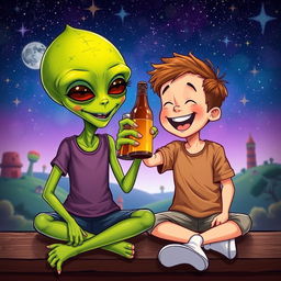 A cheerful scene featuring a single boy and a friendly alien sitting next to each other, both laughing and raising bottles of beer in a toast