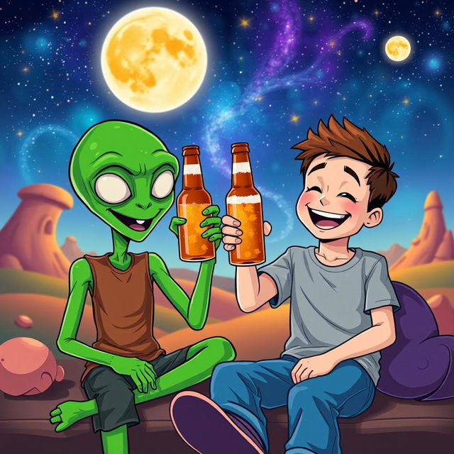 A cheerful scene featuring a single boy and a friendly alien sitting next to each other, both laughing and raising bottles of beer in a toast