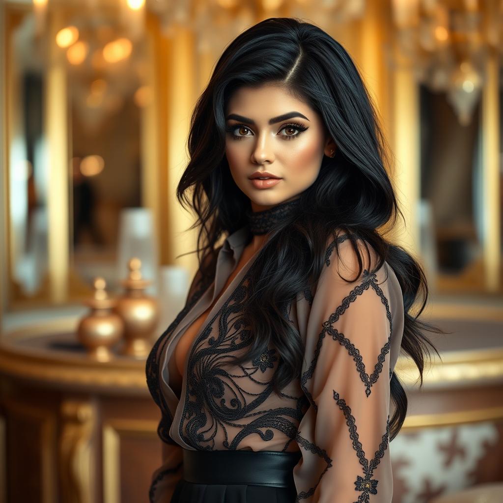 A glamorous portrait of Kylie Jenner, showcasing her signature long dark hair styled in soft waves