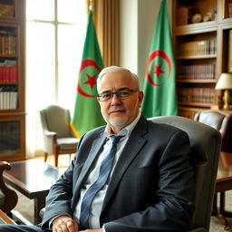 A portrait of a mayor sitting confidently in his spacious office, with the Algerian flag prominently displayed behind him
