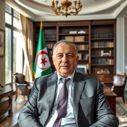 A portrait of a mayor sitting confidently in his spacious office, with the Algerian flag prominently displayed behind him